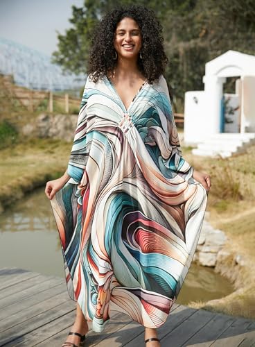 Image of Yanziliu Kaftan Dress for Women,Plus Size Hawaiian Batwing Sleeve Beach Cover Up Summer Swimsuit Dresses