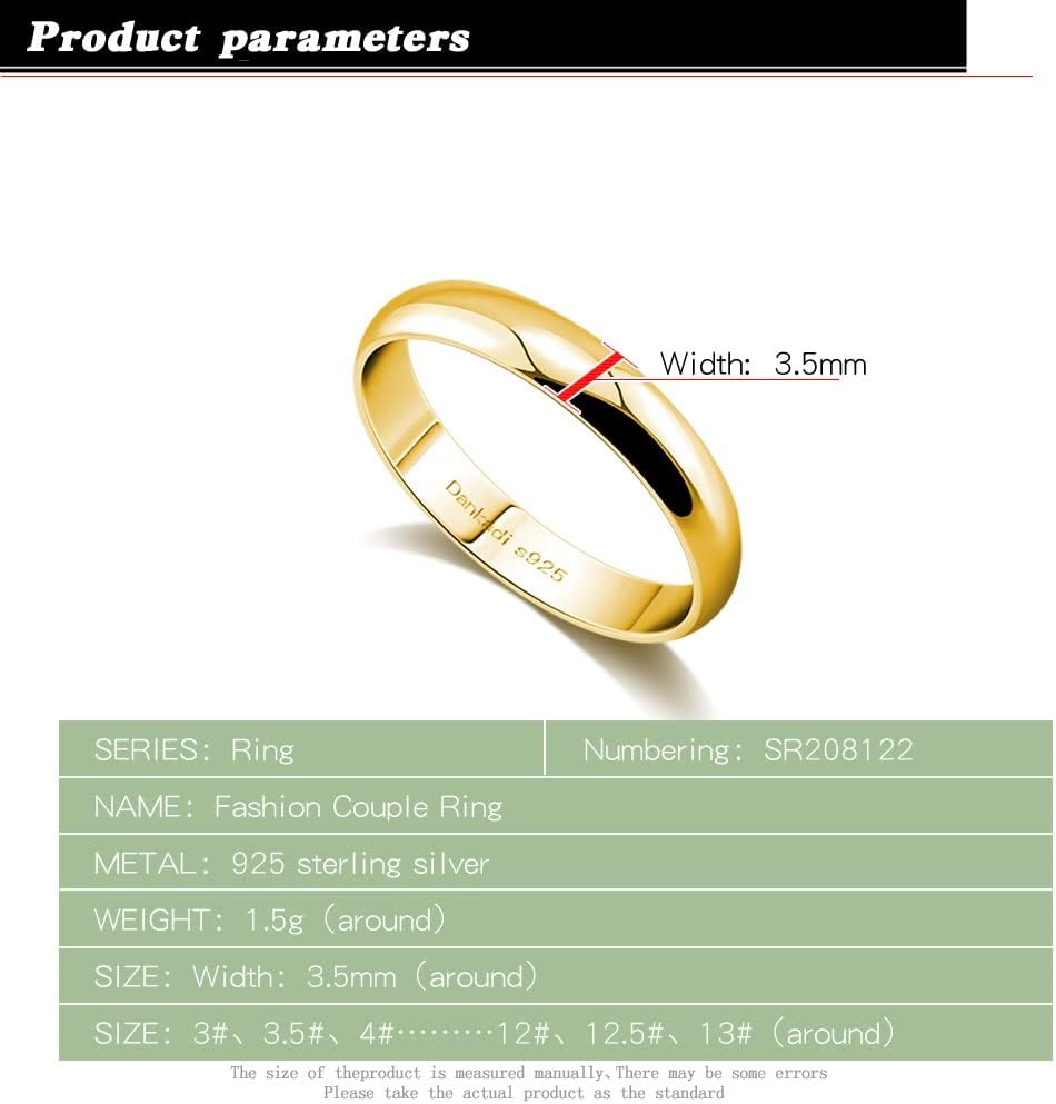 Dankadi Simple Fashion S925 Sterling Silver Ring Smooth Plain Dome Comfort Solid Silver Wedding Ring For Men & Women 3.5 mm 3-13# 24k Real Gold Plated Jewelry - Image 2