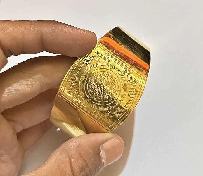 Image of Shree Yantra Kada Brass Golden Designer Brass Shri Yantra Cuff Bangle