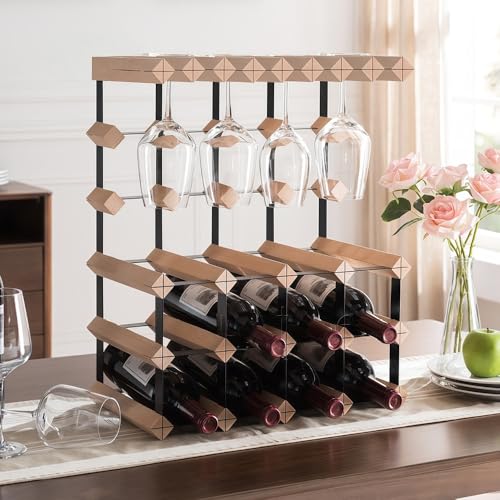 Soporte para botellas de vino de madera y metal con soporte para copas miniatura 5