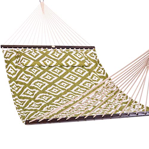 Lazy Daze Hammocks 12FT Quilted Fabric Hammock with Soft Pillow, Double 2 Person Tree Hammock with Spreader Bar for Outside Patio Poolside Backyard Beach, 450 lbs Capacity, Green Geometric