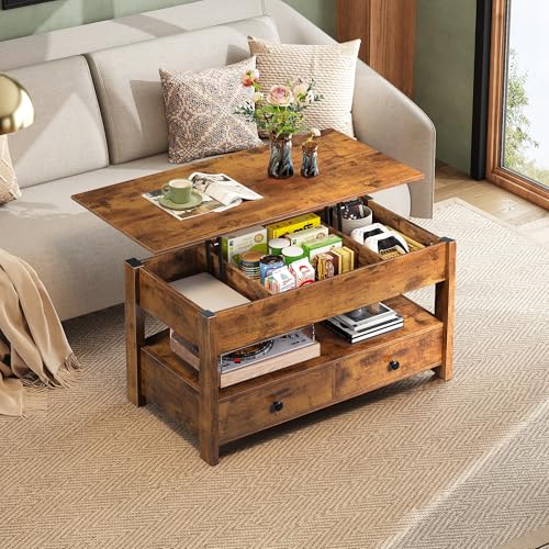 Image of WLIVE Lift Top Coffee Table with 2 Drawers, Large Storage, Brown | Mid Century Modern Wooden Coffee Table, for Dining /Living Rooms /Offices; 39.4 inchW x 19.5 inchD x 19.1 inchH