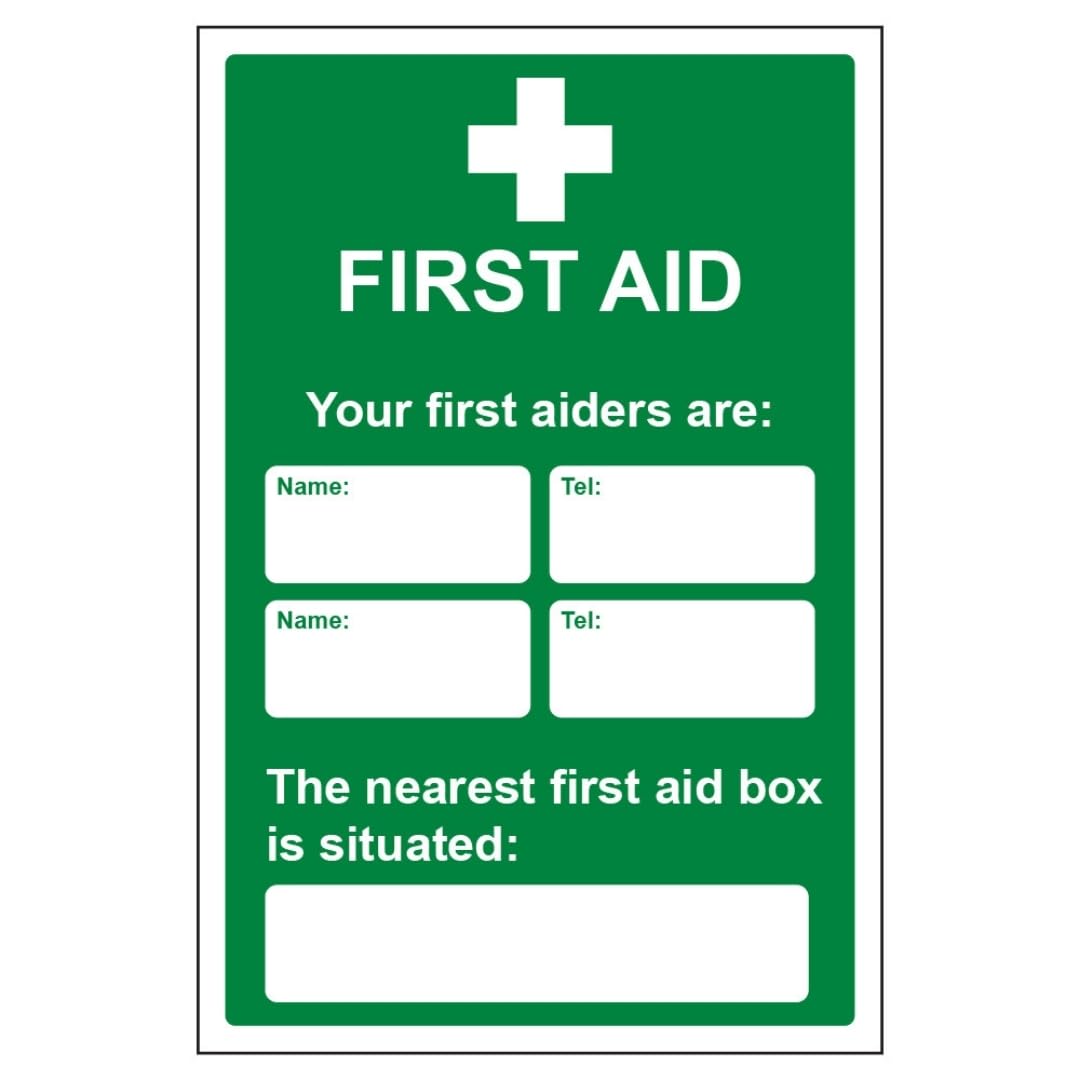 V Safety Your First Aiders Are - Your Nearest First Aid Box 200 x 300mm - 3mm Aluminium Composite Safety Sign