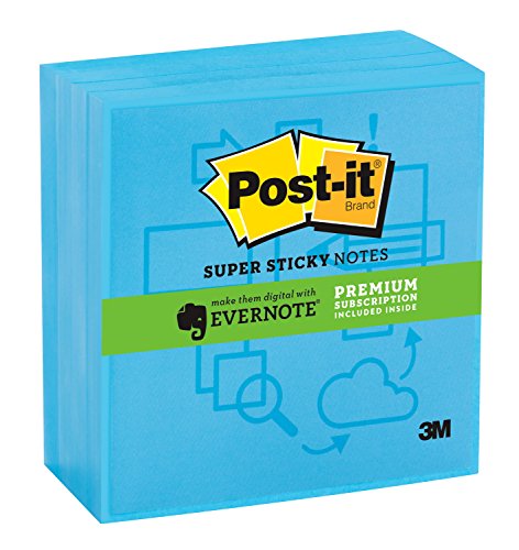 Post-it Super Sticky Notes, Evernote Collection, 3 x 3 Inches, Electric Blue, 4 Pads per Pack, 90 Sheets per Pad (654-4SSBE-EV)