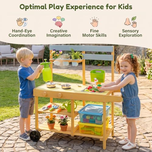 Image of HONEY JOY Mud Kitchen with Wheels, Fir Wood Outside Play Kitchen for Toddlers, Realistic Faucet & Water Tank, Stoves, Sink, Storage Shelf, Planter Cups, Mud Table for Kids Outdoor Backyard,Natural