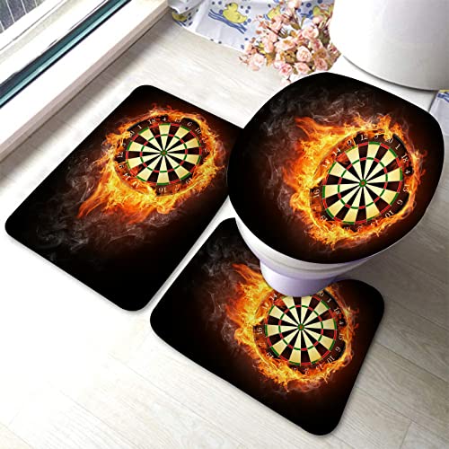 Badezimmerteppich-Set, 3-teilig, Dartscheibe im Feuer isoliert auf schwarzem Hintergrund, waschbare Badteppiche, rutschfest, mit Rückenpolster, Konturteppich und Toilettendeckelbezug