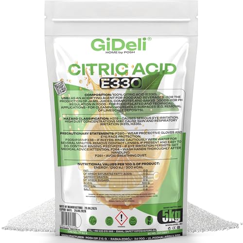 GiDeli Ácido Cítrico 5kg E330 Grado Alimentario   Polvo Blanco Puro Para Repostería y Conservas   Descalcificador Natural de Gran Formato Para Lavavajillas, Lavadora y Limpieza   Regulador de pH