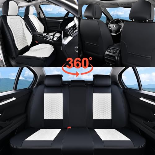 Image of Coverado Leather Seat Covers, Car Seat Covers Full Set, Waterproof Nappa Leather Car Seat Cover, Car Seat Protectors 5 Seats, Black & White Automotive Seat Covers Fit for Most Cars Trucks
