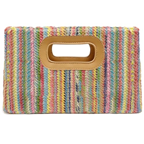 BYWAUQI Straw Clutch Purses for Women Raffia Bag Summer Top Handle Handbags for Vacation Party Weddings with Detachable Chain(Rainbow)