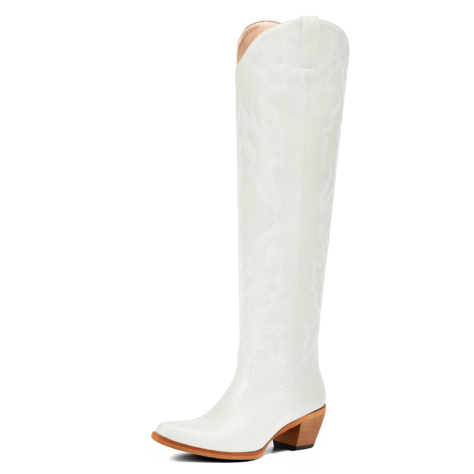 Gradinery Womens Cowgirl Boots Fashion Knee High Western Boots With Classic Embroidery Chunky Block Heels