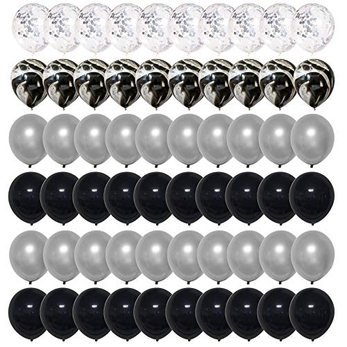 Mayen 60 Pcs 12 Inch Black and Silver Latex Balloons Set, Silver Confetti and Black Agate Marble Balloons for Birthday Party Decoration Wedding Baby Shower Graduation Bachelorette Balloon Garland Arch
