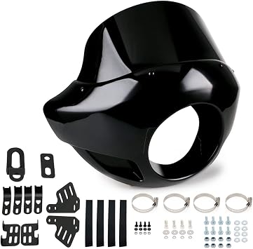 PACEWALKER Motorcycle 9" Tall Fairing Touring Sport Windshield Club Style Kit Blackout 5.75" Headlight Fairing Windshield for Super Glide T-Sport FXDXT, FXR Short Style Gloss Black