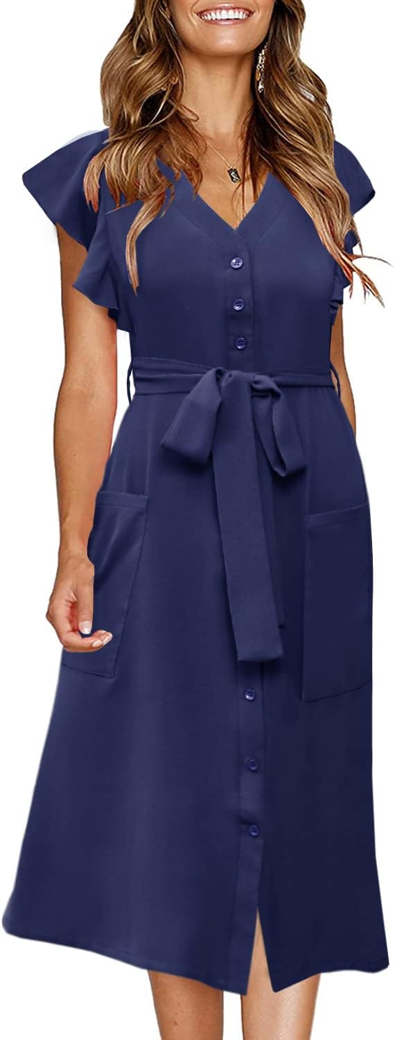 MITILLY Women's Boho Polka Dot Flutter Short Sleeve V Neck Button Down Swing Midi Dress with Pockets