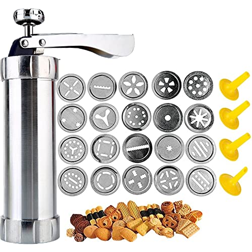 Biscuit Press Set Food Grade Aluminum Alloy Biscuit Machine Biscuit Press Set with 20 Disc Cookie Mold and 8 Icing Nozzles DIY Biscuit and Decorative Tips