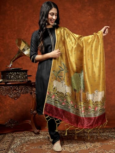 Image of EthnicJunction Women's Cotton Blend Kurta Pant Dupatta Set with Digital Print Dupatta | Karva Chauth Special Kurta