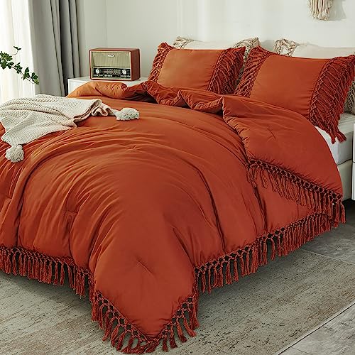 Image of Andency Comforter Full Size Set Burnt Orange, Boho Terracotta Lightweight Vintage Soft Bedding Comforter Sets, 3 Pieces Rust Bed Set (79x90In Comforter & 2 Pillowcases)