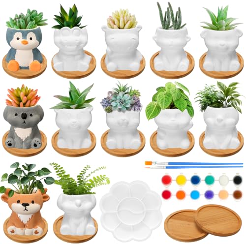 Hushee 12 Sets Ceramic Animal Succulent Planters Paintable Succulent Plant Pots Small DIY Figurines Unpainted Succulent Pots with Drainage Hole Color Paints Paintbrushes Palettes(Animal)