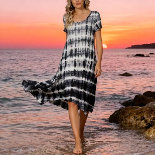 Image of Women Casual Loose Soft Crewneck Short Sleeve Pockets Swing T-Shirt Dress