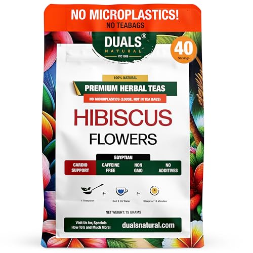 DUALS Natural Egyptian Hibiscus Flowers Loose Tea - 100% Microplastic-Free for Cardio Support - 40 Servings, Caffeine Free, Non-GMO, No Additives - 75g