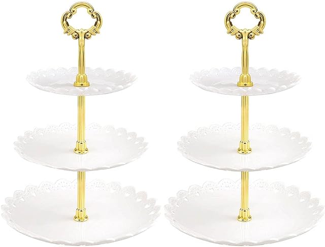 2 Pack 3 Tier Cake Display Stand Reusable,Plastic Round Cake Stand Display Fruit Plate,Dessert Stand, Cupcake Stand Party Serving Platter Stand for Birthday Wedding Party,Afternoon Tea(White)