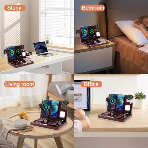 Xunhomon Wood Phone Docking Station,27W Fast Charging 2 Phone Wireless Charging Station for iPhone/Samsung/Apple Watch/AirPod,Nightstand Organizer for Men/Women,Gifts for Dad,Anniversary,Birthday