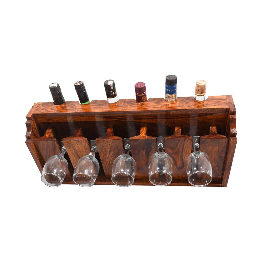 Wall Mounted Wooden Wine Rack with Glass Holder | Solid Sheesham Wood Bar Organizer Shelf for 6 Bottles & 6 Glasses | Rustic Wooden Wall Bar Cabinet – Natural Finish-image-12