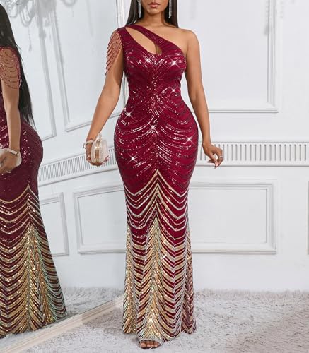 Image of Cololura Women Sequin Elegant Sexy One Shoulder Tassel Mermaid Bodycon Cocktail Evening Dress