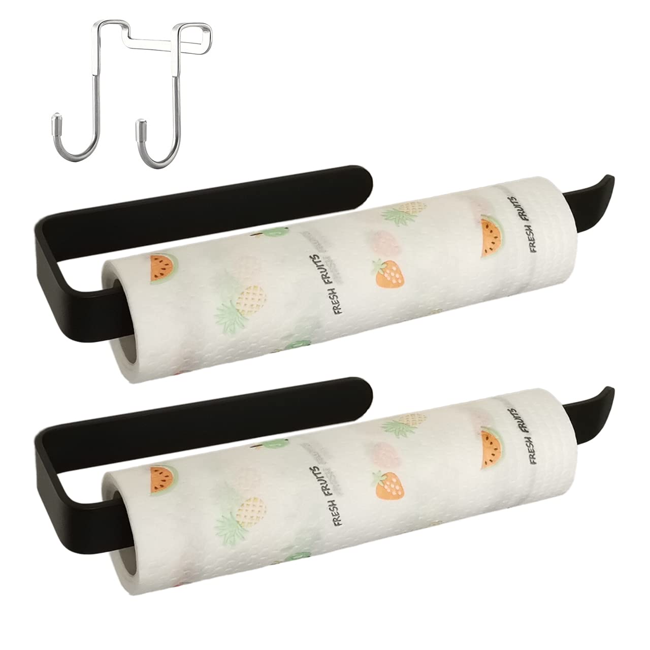 Paper Towel Holder Under Cabinet Mount Self Adhesive Matte Black Set of 2, 13 inch Rugged Aluminum Alloy, Suitable for Kitchen, Bathroom, Courtyard