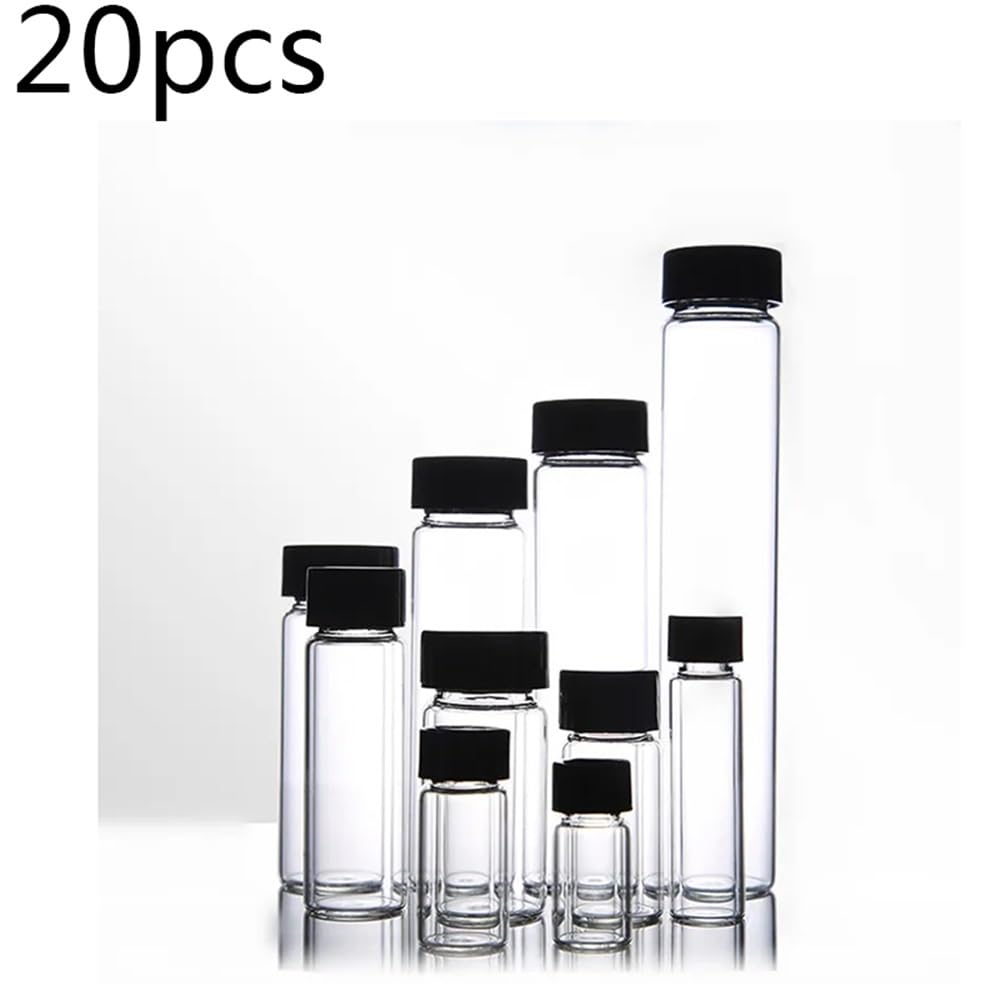 Cristalería de Laboratorio Paquete de 20 botellas de muestra de vidrio transparente de 3 ml a 60 ml con tapón de rosca de plástico negro, ideales for uso en laboratorio.(30ml)