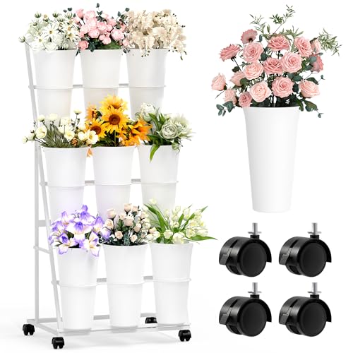 Invech Flower Display Stand with 9 Buckets 3 Tier Flower Cart Display Stand and Wheels for Indoor Outdoor Garden Wedding Flower Shop (White)