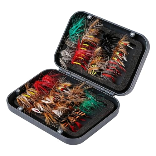 GREATRICH Kit de Moscas de Pesca con Caja, Surtido de 64 Moscas Artificiales, Incluye Secas, Húmedas, Ninfas y Poppers, para Pesca de Trucha y Lubina