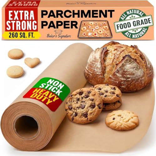 260 Sq.Ft Unbleached Parchment Paper for Baking – Roll with Cutter, Heavy Duty Non-Stick Brown Parchment for Baking, Cooking, Grilling, Steaming and Air Fryer, 15in x 210ft by Baker’s Signature