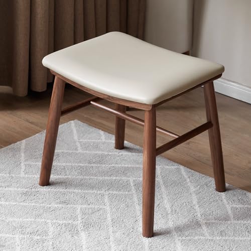 YESWOOD North American Black Walnut Wood Small Vanity Stool Chair, Faux Leather Seat, Fully Assembled Makeup Chair, Footstool for Bedroom, Dining Room, Entryway, Walnut