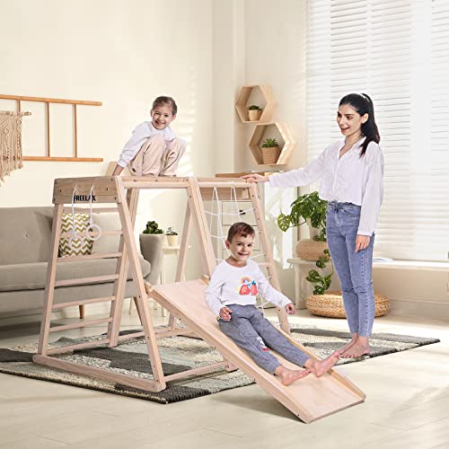 FREELAX Toddler Jungle Gym, Indoor Playground, Wooden Montessori Climbing Set Toys Playset (7in1)- Gym 1/Slide/Swing/Monkey Bars/Rock Climbing Wall/Rings/Ladder/Rope Wall Ladder, for Kids & Baby