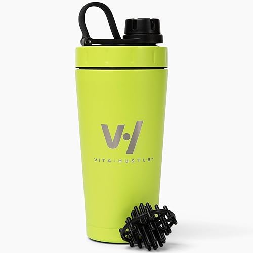 VitaHustle Vaso agitador de acero inoxidable con tapa de rosca, a prueba de fugas, bola de licuadora, perfecta para batidos de proteínas o después