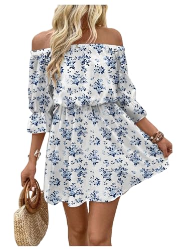Floerns Women's Summer Floral Mini Dress Off Shoulder 3/4 Length Sleeve Beach A Line Dresses