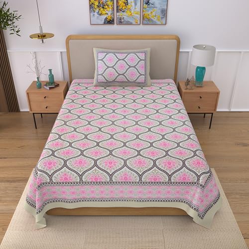 Image of 100% Cotton Single Bedsheet with 1 Pillow Cover | 240 TC Pure Cotton Flat Bed Sheet | Traditional Jaipuri Printed Bedding Set | Soft & Breathable | 60 x 90 Inch (Rangmahal Single 13)