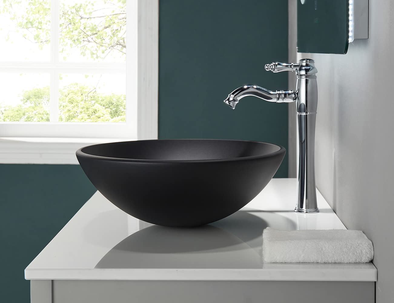 Phoenix Series - Fregadero redondo de vidrio templado decorativo en negro mate | Fregaderos de montaje superior sobre encimera | Fregadero de encimera de tocador con drenaje desplegable | 2