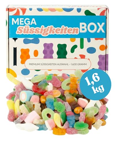 Mega Süßigkeiten Box 1,6kg - Frisch gemischt von Der Zuckerbäcker, mit Haribo Trolli Red Band Suntjes, 15 Sorten Fruchtgummi Mix XXL, Geschenkbox Snackbox, Handverpackt in Deutschland