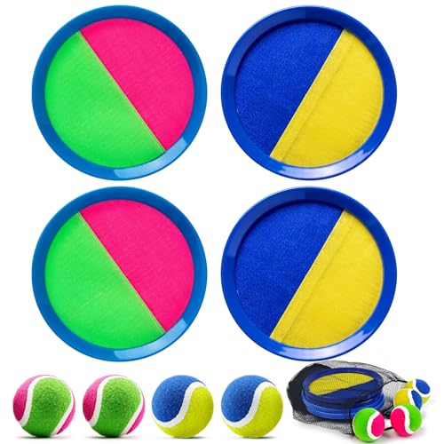 AIZHAZHA Toss and Catch Ball Beach Toys Set Outdoor Toys Games Holiday Garden Lawn park Beach Throw and Catch Ball Game for Kids Adults Family Party Game with 4 Sticky Paddles 4 Balls 1 Storage Bag