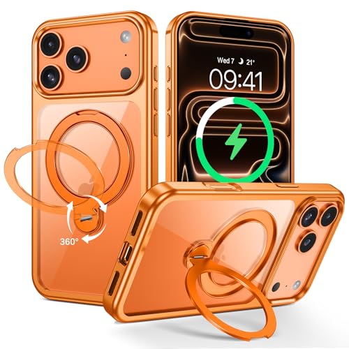 Image of YINLAI for iPhone 17 Pro Case 6.3-inch, Magnetic Compatible with Magsafe, with 360 Rotatable Ring Stand, Anti-Fingerprint Skin-Friendly, Shockproof Full-Body Protective 17 Pro Case, Cosmic Orange