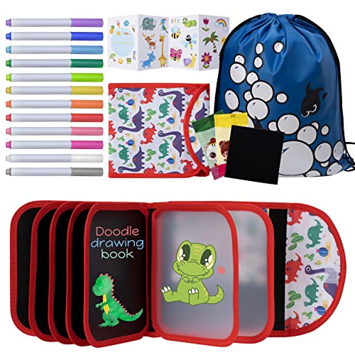 Erasable Drawing Pad, 8inch Plane Activities for Kids, Red Dinosau Travel Toys Doodle Book for Kids 3 4 5 6 7 8 Year Old Boy Girl Birthday Gifts, 14 Pages for Magic Drawing with 12 Marker
