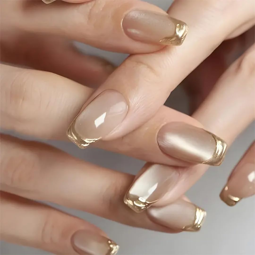 Gold French Tip Press On Nails Square Shape | Nude Glossy Fake Nails with Metallic Chrome Edge Design | Short Medium Stick On Nails Reusable Full Cover Artificial Nails for Women | Reusable Nail Extension For Women With Glue Tab | Long Lasting Glossy Finish Artificial Nails | Easy to Apply Fake Nails for Salon Look at Home | Stick-On Manicure Kit For Parties, Weddings And Gifts | Trendy Nail Art Set for All Occasions-image-12