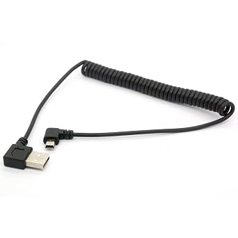 Coiled Mini USB Cable, 90 Degree Spring USB 2.0 to Mini USB Cable Cord, Right Angle Charging and Sygn Mini USB Adapter Lead 1.5meter