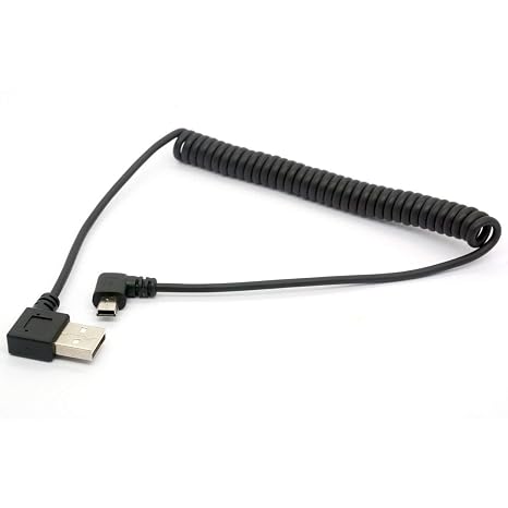 Coiled Mini USB Cable, 90 Degree Spring USB 2.0 to Mini USB Cable Cord, Right Angle Charging and Sygn Mini USB Adapter Lead 1.5meter