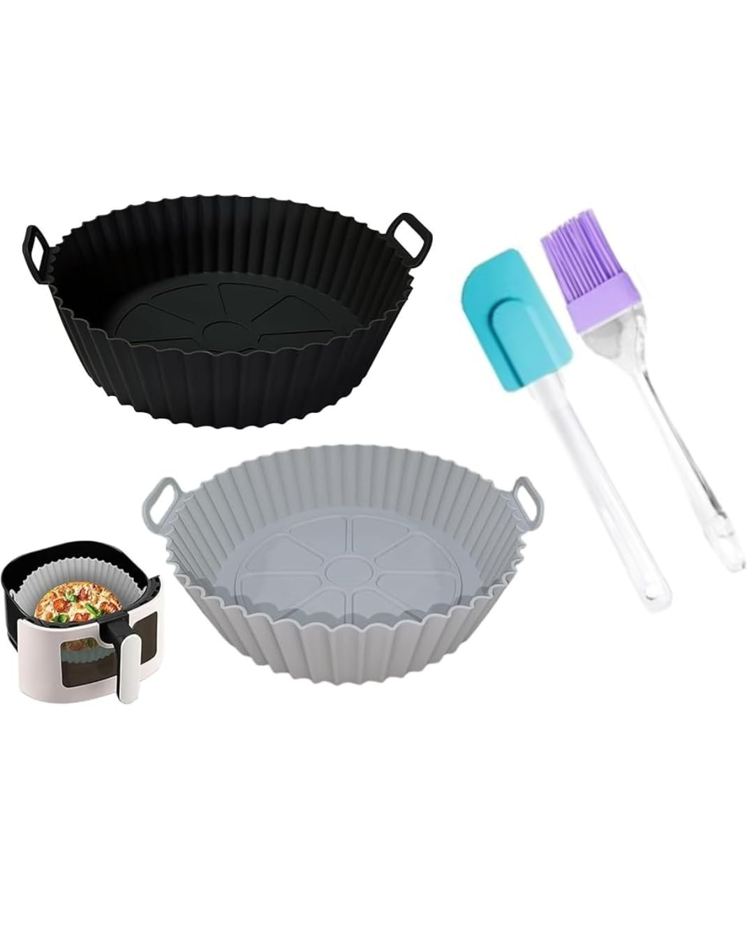 Air Fryer Silicone Liner Set, Round Basket Baking Tray with Handles, Heat Resistant Nonstick Insert, Multicolour, with Oil Brush and Spatula-image-35
