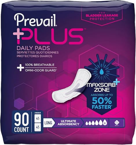 Prevail Plus | Long Length Incontinence Bladder Control Pads | Ultimate Absorbency | 90 Count (2...