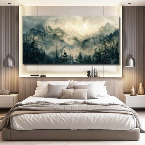 FUHAIHUA Large Framed Wall Decor For Living Room Canvas Wall Art For Office Farmhouse Wall Decorations For Bedroom Forest Fog Landscape Paintings Modern Pictures Artwork Room Home Decor 24x48 In