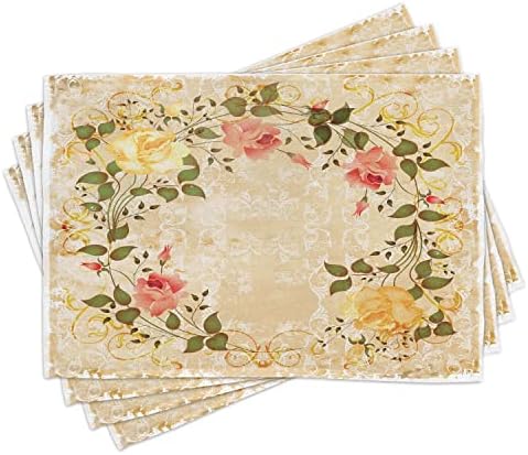 ABAKUHAUS Vintage Place Mats Set of 4, Leaves Roses Floral, Washable Fabric Placemats for Dining Room Kitchen Table Decor, Yellow Green Pink