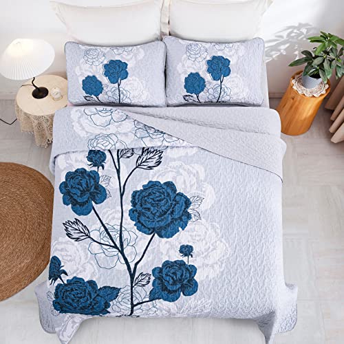 Floral Quilt Set King Size,Elegant Blue Floral Printed Bedspread Coverlet 3 Pieces Soft Microfiber Bedding Set With 2 Pillowcases For All Season (104"×90") #TOP2